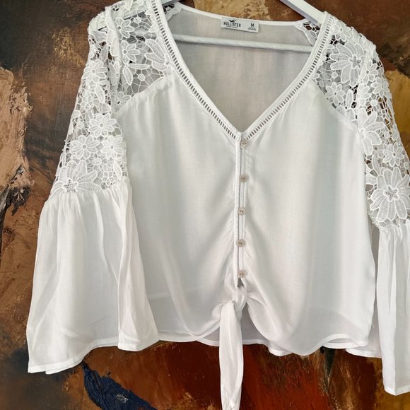 HOLLISTER Cotton Blend Inset Lace White Bohemian Top NWT - Picture 4 of 16